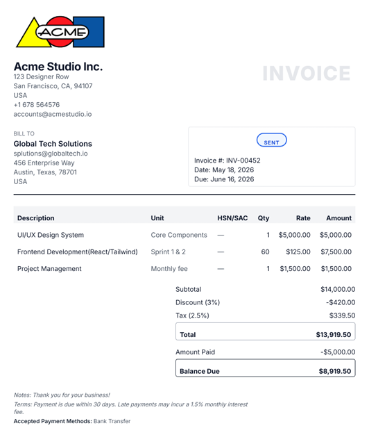 Professional invoice generated with FreelanceKit — Acme Studio to Global Tech Solutions, $13,919.50 total
